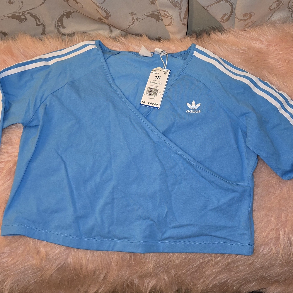 Adidas Light Blue Crossover Top with White Stripes